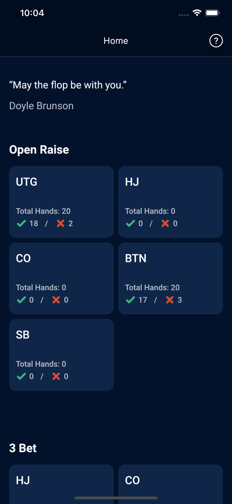 GTO Preflop - Texas Hold'em - Home screen of the GTO Preflop app showing open raise practice statistics for various poker positions.