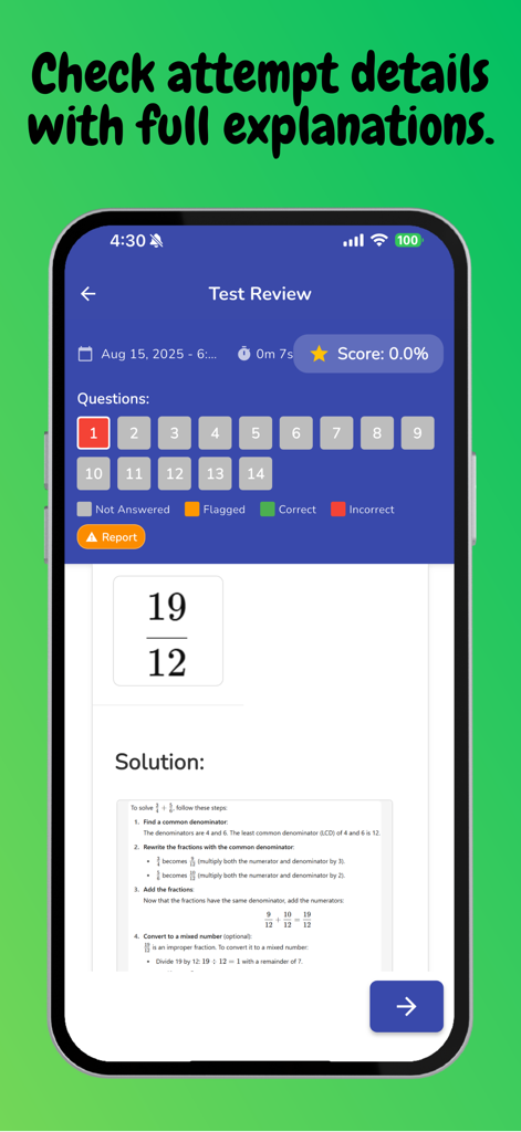 NAPLAN 7 Online Test - NAPLAN Year 7 test review screen showing detailed math solution explanations