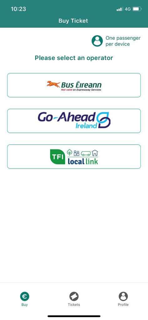 TFI Go - TFI Go mobile app interface showing the operator selection screen for buying bus tickets in Ireland including Bus Eireann and Go Ahead Ireland options.