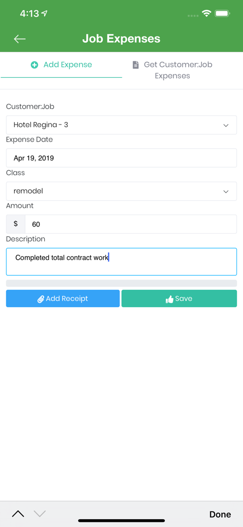 Job Expenses entry form in the Timesheet Mobile app showing fields for customer job date class and amount