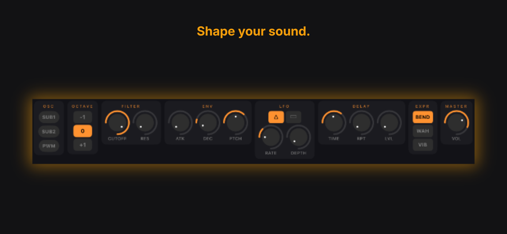 Touchophone - Synthesizer - Touchophone app interface featuring orange control knobs for filter, envelope, LFO, and delay to shape electronic sounds.