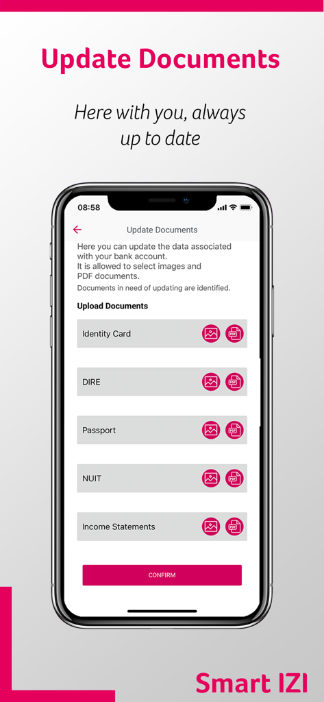 Millennium bim Smart IZI - Interfaz para cargar documentos de identificación como pasaporte y tarjeta de identidad en la aplicación bancaria Millennium bim Smart IZI.
