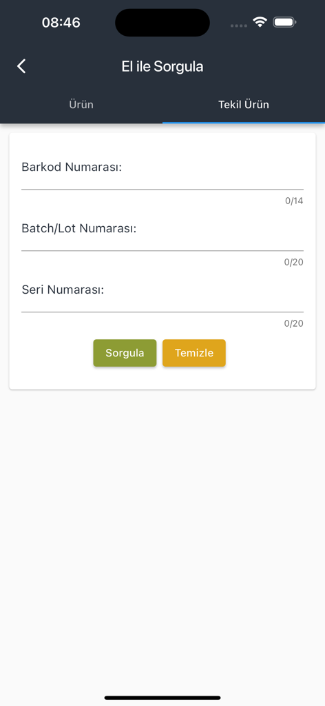 ÜTS Mobil - Manual search screen of the UTS Mobil app showing fields for barcode, batch lot number, and serial number.