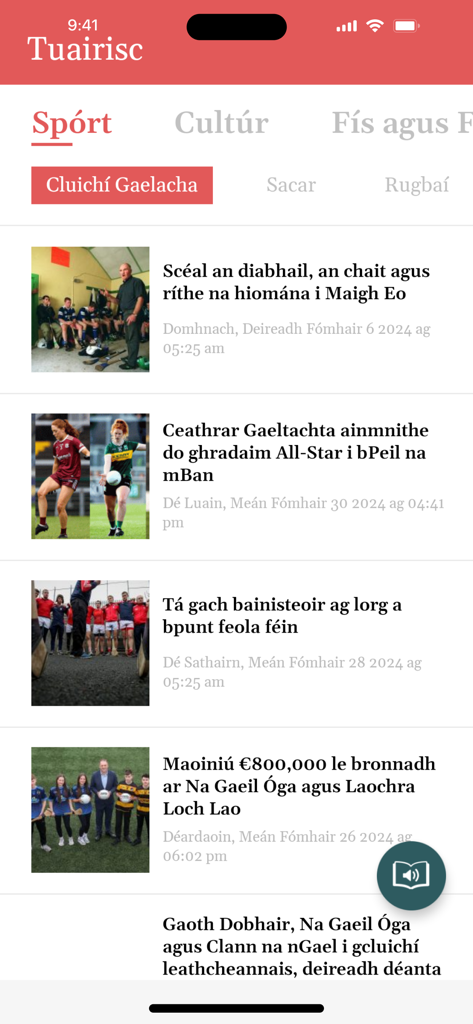 Tuairisc - Screenshot of the Tuairisc Irish language news app showing the sports section with articles about Gaelic games