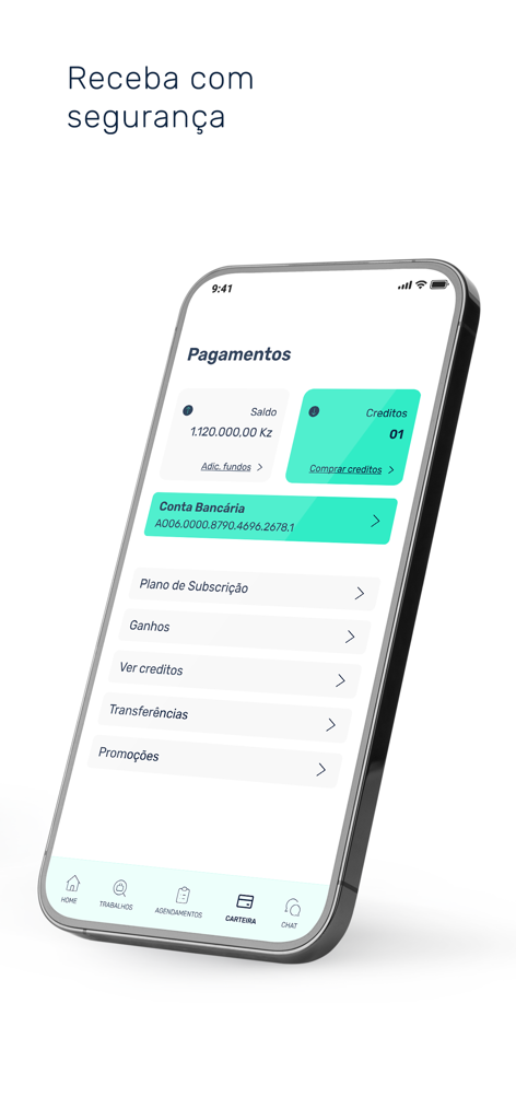 Bulir Prestador - Payments dashboard of the Bulir Prestador app showing wallet balance and banking options