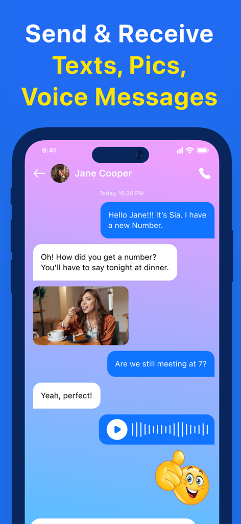 A screenshot of the Text app showing a chat screen with text messages, a photo, and a voice message.