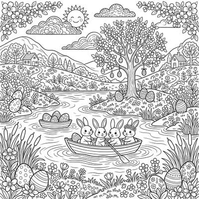 Bring the joy of Easter to life with this charming coloring page featuring four adorable bunnies enjoying a boat ride on a freshwater lake. Adorned with spring blossoms and festive eggs, it's a perfect scene to celebrate the season of renewal.