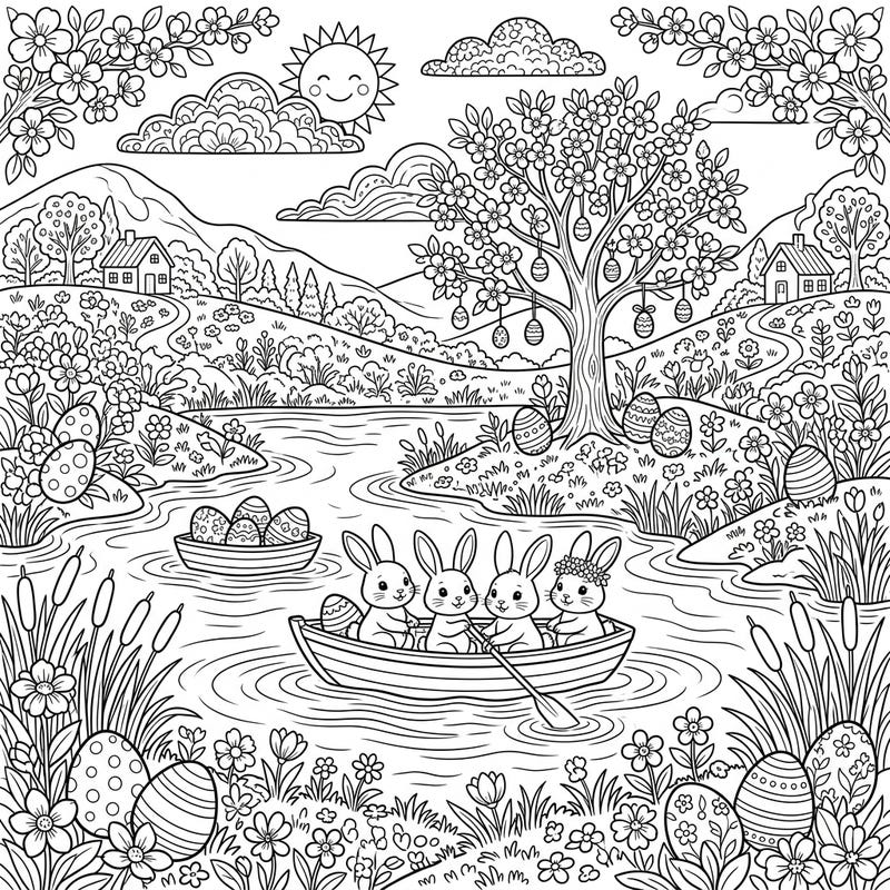 Bring the joy of Easter to life with this charming coloring page featuring four adorable bunnies enjoying a boat ride on a freshwater lake. Adorned with spring blossoms and festive eggs, it's a perfect scene to celebrate the season of renewal.