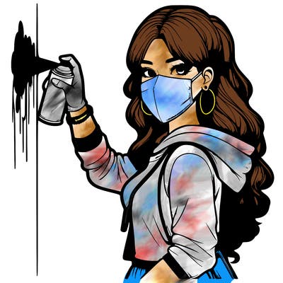 realistic girl with mask spray painting a wall