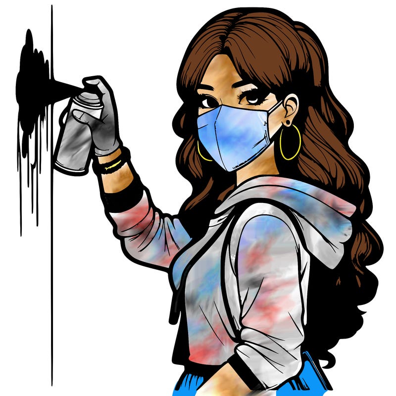 realistic girl with mask spray painting a wall