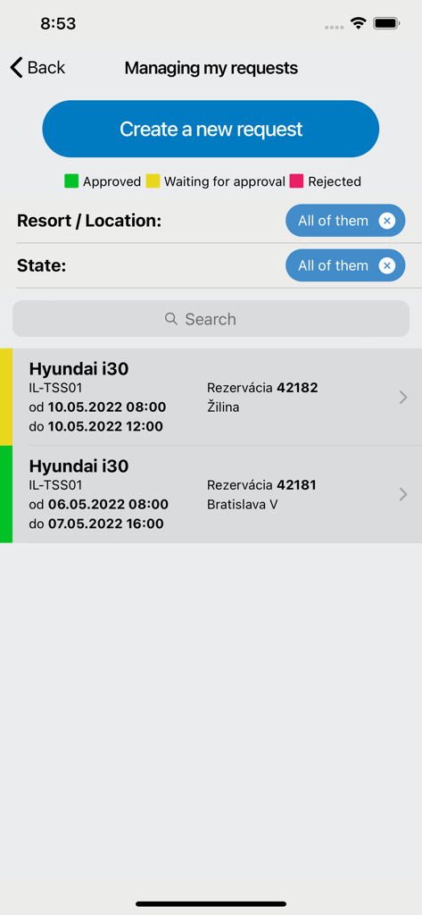 TSS Monitoring - Eine mobile Anwendungsschnittstelle zur Verwaltung von Fahrzeugvermietungsanfragen mit Statusanzeigen für genehmigte und ausstehende Buchungen.
