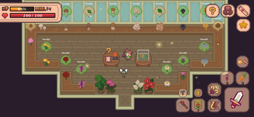 Megis Adventure - Ein gemütliches Pixel-Art-Gewächshaus voller verschiedener Pflanzen und Blumen in Megis Adventure