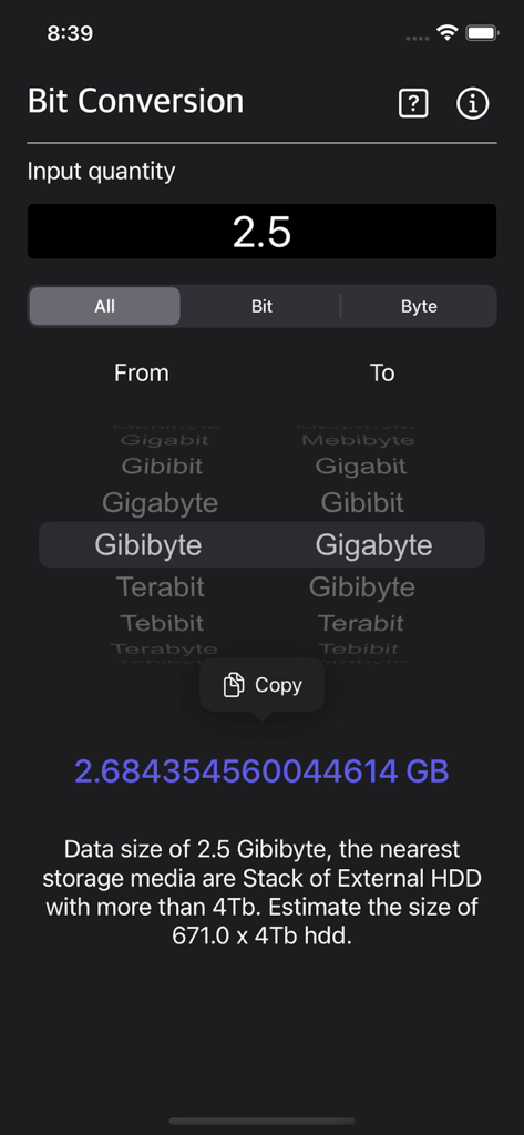 Bit Converter Plus - Bit Converter Plus app screenshot showing digital data conversion from Gibibyte to Gigabyte