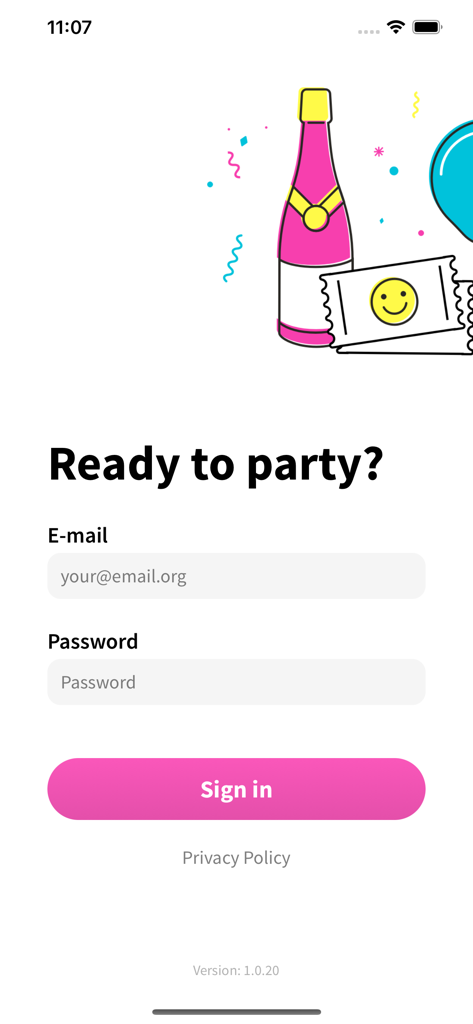 Confetti - Check In - Pantalla de inicio de sesión de la aplicación Confetti Check In con una ilustración festiva y campos de inicio de sesión