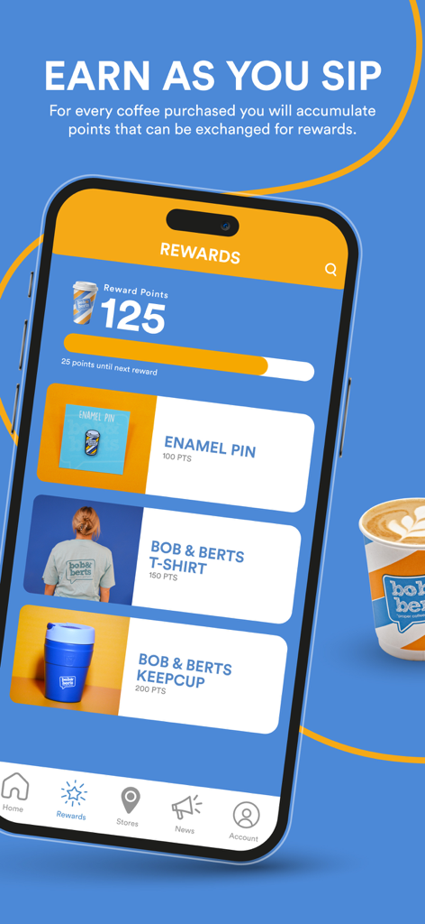 Bob & Berts Loyalty - Bob and Berts Loyalty App Prämienbildschirm, der gesammelte Punkte und verfügbare Merchandise-Preise wie T-Shirts und Anstecker zeigt