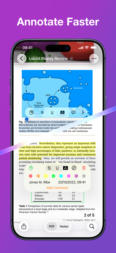 Highlights app on iPhone showing a scientific PDF with yellow text highlights and an annotation menu.