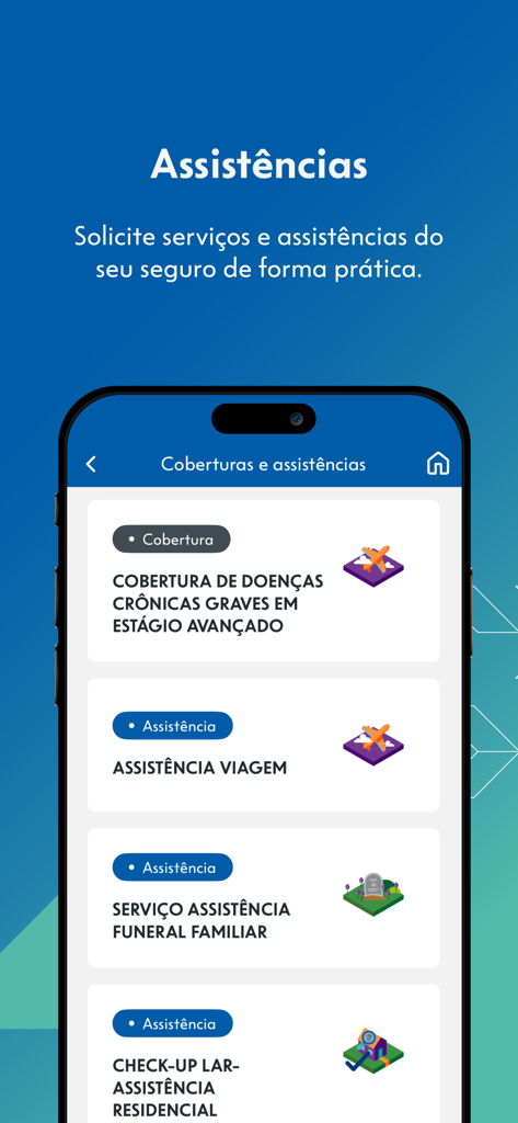 Tela de serviços de seguro e opções de assistência no Caixa Vida e Previdência