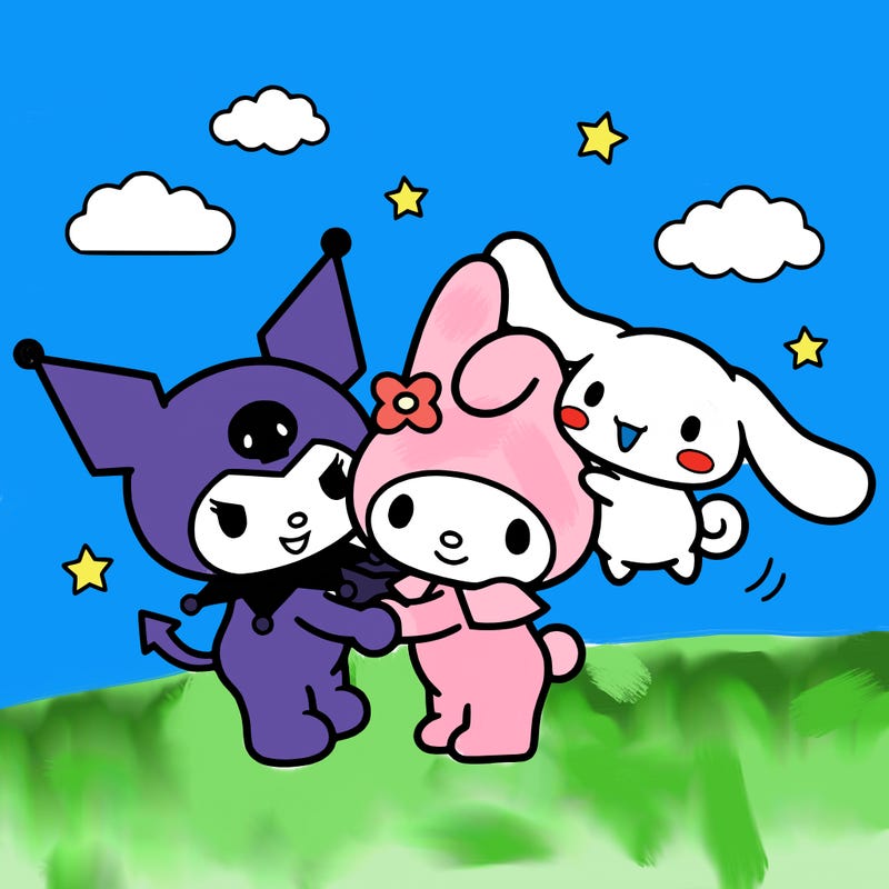 girls kuromi and  my melody and cinnamoroll  friends