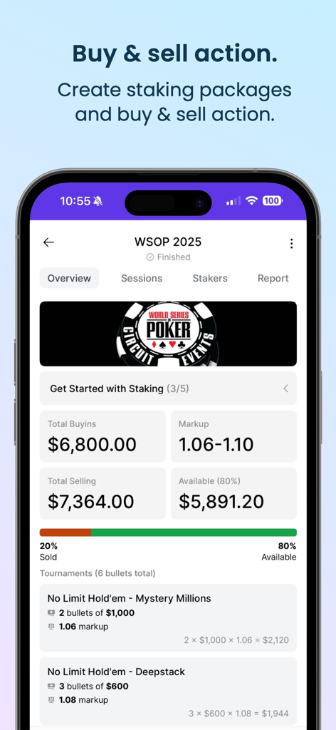 Pokerbase - Tracking & Staking - バイインとマークアップを示すポーカー・トーナメントのステーキング・パッケージ詳細。