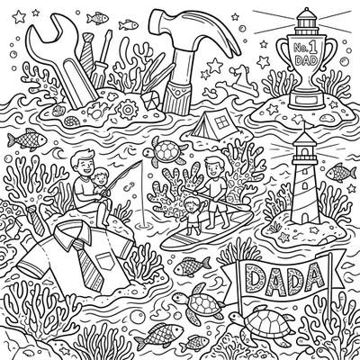 Celebrate Dad with an extraordinary coloring experience that blends marine beauty with Father's Day joy. This intricate design features coral islands bustling with dads, kids, and charming sea creatures, perfect for a heartfelt creative session.