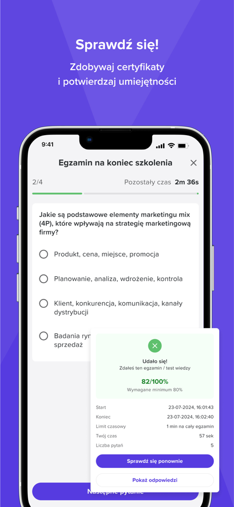 Ein Handy-Bildschirm, der eine abgeschlossene Prüfung mit einer erfolgreichen Punktzahl und dem Zertifikatsfortschritt in der Web To Learn GO-App anzeigt.