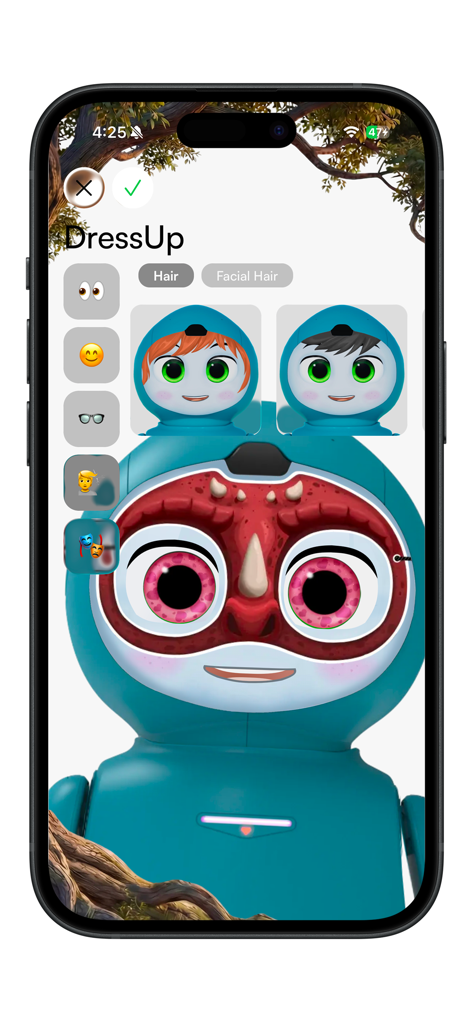 Moxie Robot App dress up screen with options to customize the AI robot's hair and facial features