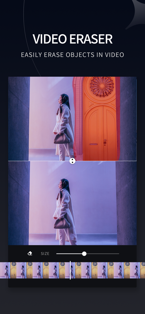 Before and after comparison of an object being removed from a video background using the Video Retouch app