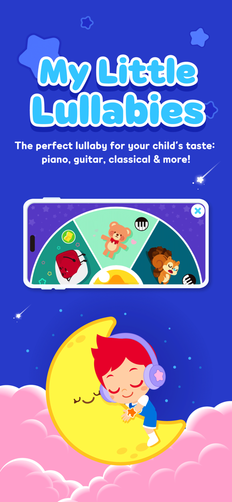 JunyTony - Learning & Games! - Captura de pantalla de la aplicación JunyTony que muestra la función Mis pequeñas canciones de cuna con una rueda de selección de música para dormir y un personaje durmiendo sobre una luna.
