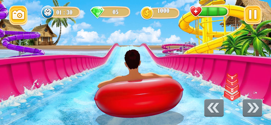 Water Slide Park - Fun Racing - Un personaje en un flotador rojo compitiendo por un tobogán de agua rosa y azul en un juego con temática tropical.