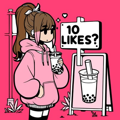 girl with oversized hoodie drinking boba and she has a high ponytail with a sign that says 10likes?