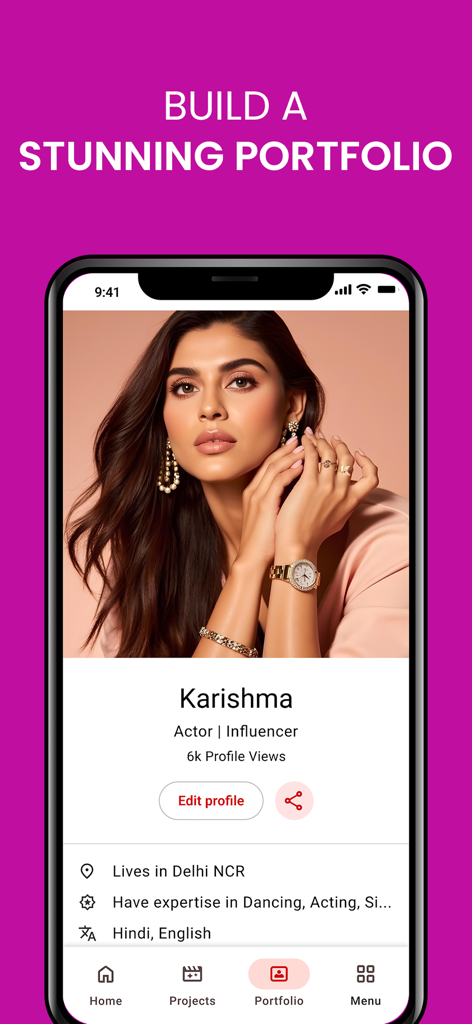Talentrack - A mobile app screen showing a professional portfolio for an actor on the Talentrack platform