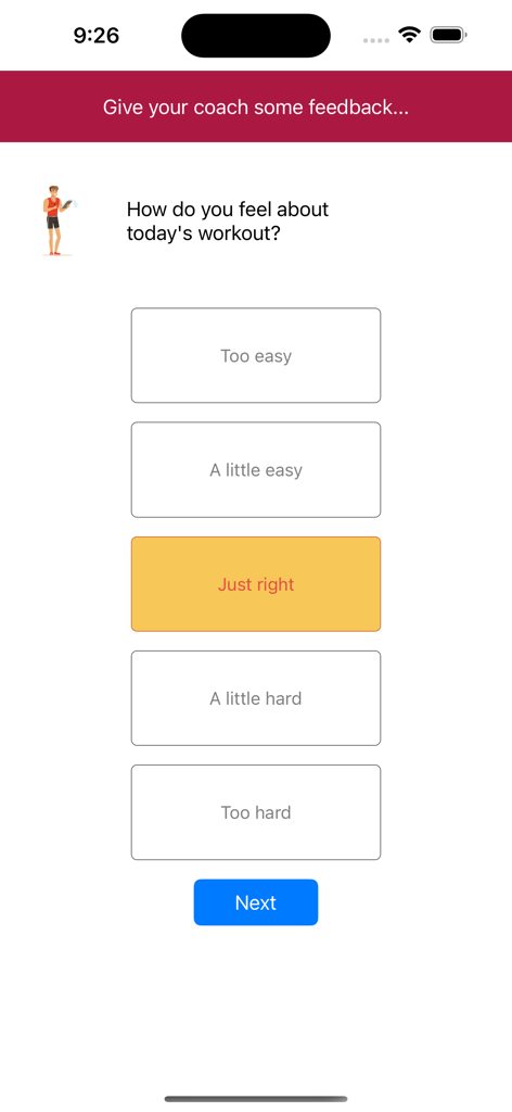 Dumbbell Home Workout Plan - Una pantalla de comentarios en la aplicación de fitness pidiendo al usuario que califique la dificultad de su entrenamiento, desde demasiado fácil hasta demasiado difícil.