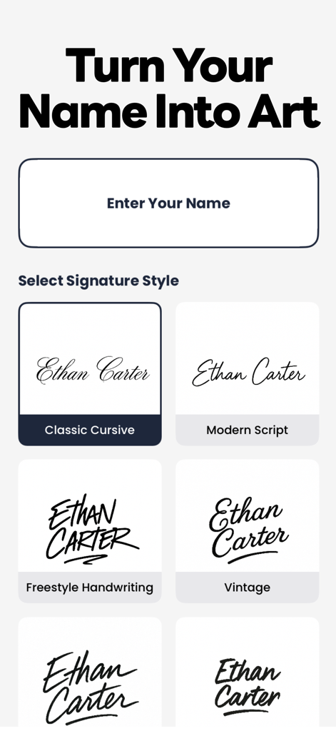 App-Bildschirm des KI-Signaturgenerators, der verschiedene Handschriftstile wie klassische Kursivschrift und moderne Schrift für eine professionelle digitale Signatur anzeigt
