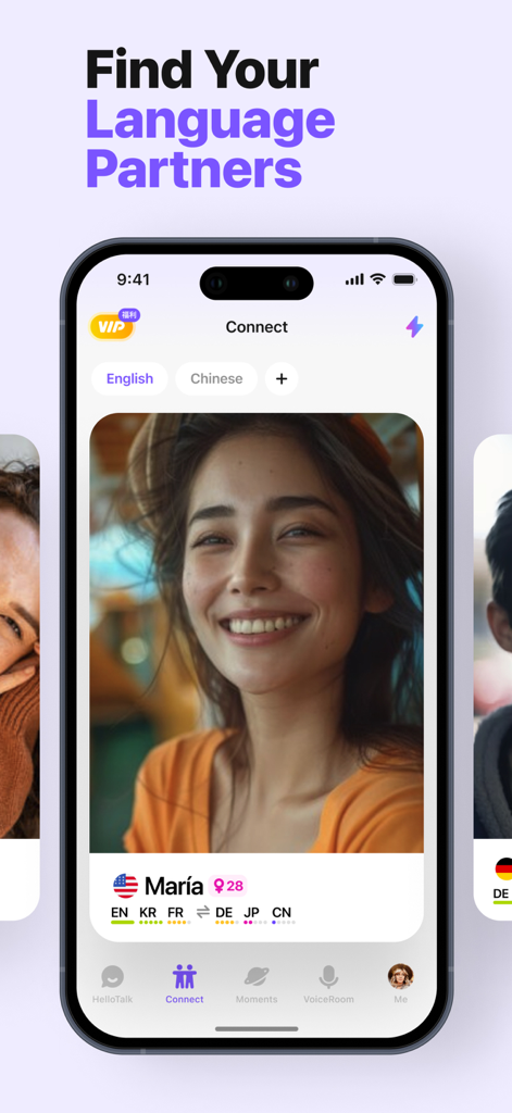 HelloTalk-App-Oberfläche, die den Bildschirm 'Finde deine Sprachpartner' mit einem Benutzerprofil und Sprachoptionen anzeigt