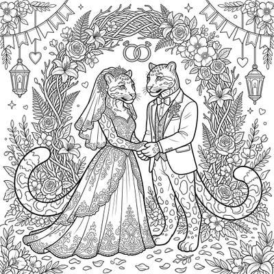 Step into a whimsical world with this beautiful coloring page featuring a pair of elegant clouded leopards on their wedding day. Adorned in charming attire, they celebrate their special bond amidst a romantic floral setting, perfect for bringing vibrant colors to a unique love story.