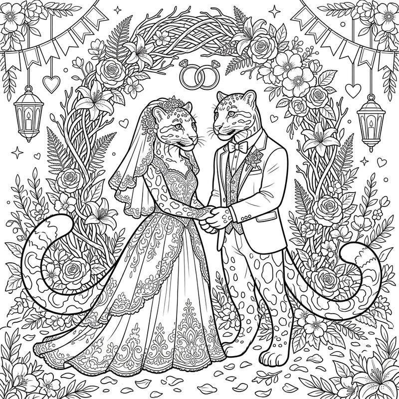 Step into a whimsical world with this beautiful coloring page featuring a pair of elegant clouded leopards on their wedding day. Adorned in charming attire, they celebrate their special bond amidst a romantic floral setting, perfect for bringing vibrant colors to a unique love story.