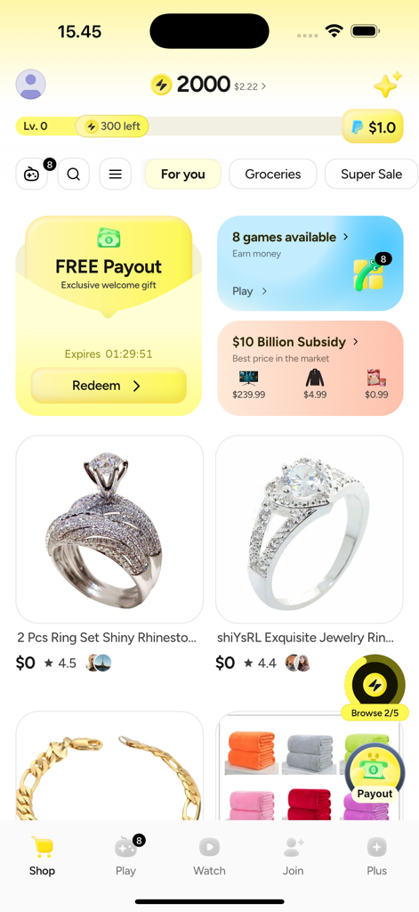 Blidz - Shop Deals, Earn Money - Startbildschirm der mobilen Blidz-App mit Schmuckangeboten und spielerischen Shopping-Belohnungen