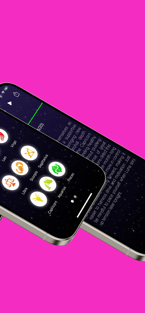 스마트폰에 별자리 아이콘과 점성술 텍스트가 표시된 일일 운세 앱 인터페이스