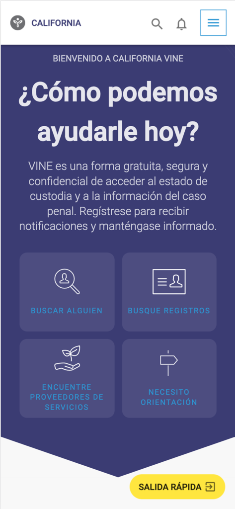 VINELink - Spanish language home screen of the VINELink app for California featuring offender search and support options
