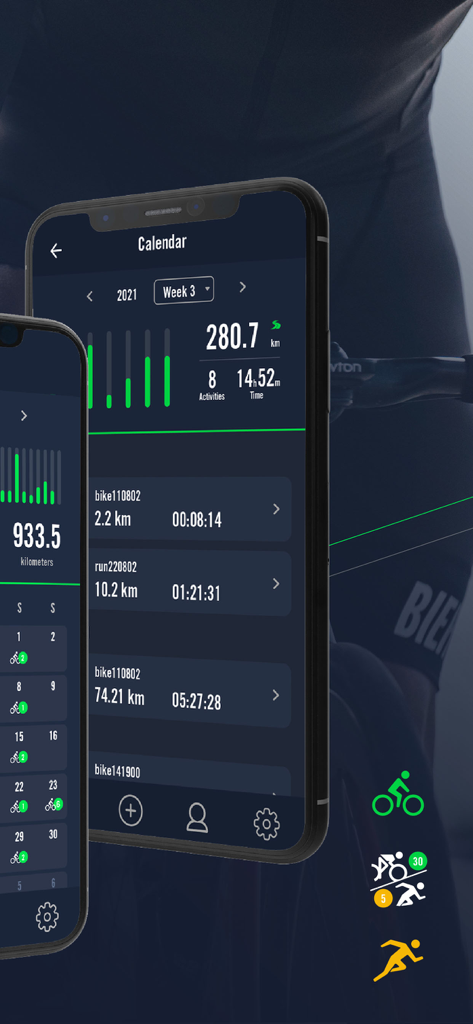 Bryton Active - Bryton Active app training calendar showing weekly cycling and running activity logs