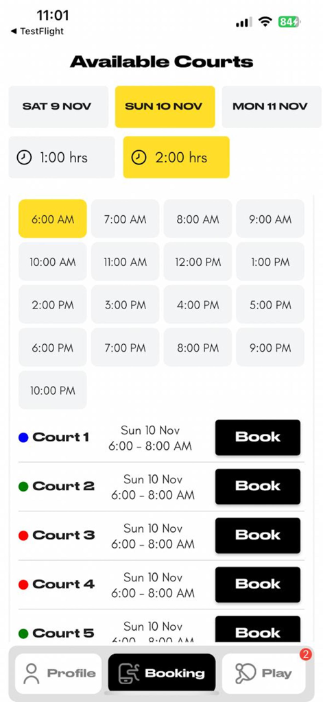 Milos Padel - Milos Padel app booking screen showing court availability by date and time