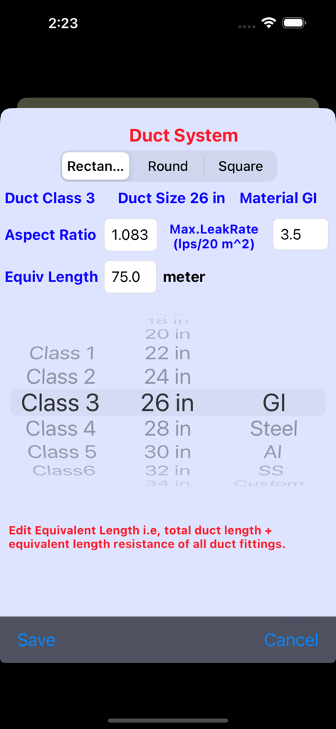 Fan Spec Performance - Duct system configuration screen showing parameters for class size and material