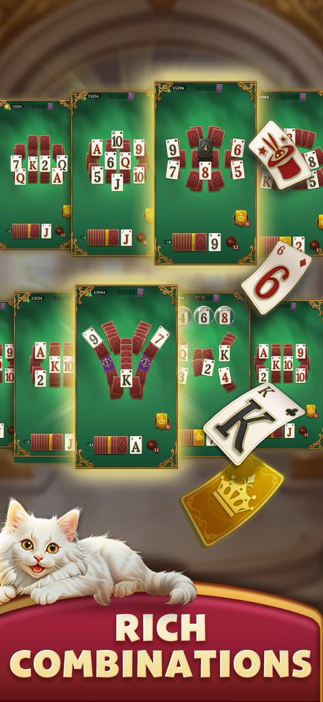 Solitaire Royalty: Happy Cards - Solitaire-Spielbretter, die reichhaltige Kartenkombinationen und ein weißes Kätzchen zeigen.