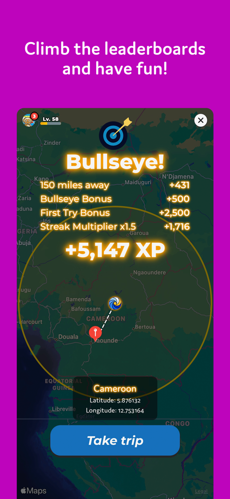 RocaNews app screenshot showing a bullseye result in the Globe Trotter map game with earned XP and bonuses.