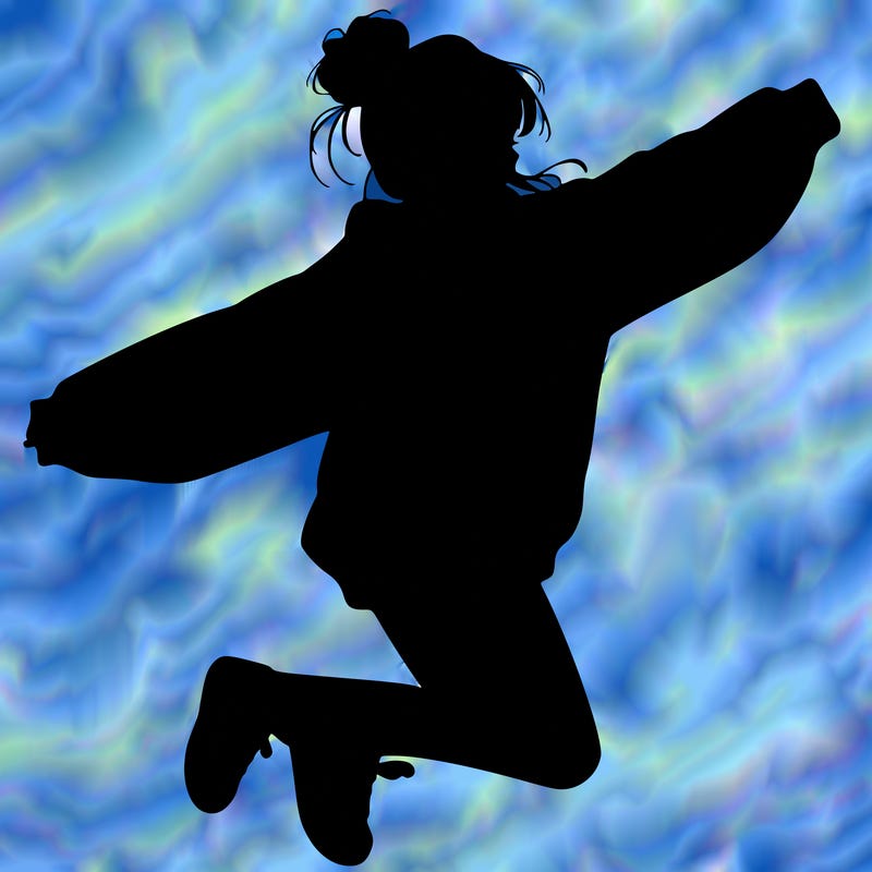 realistic girl jumping with a bun and oversized sweatshirt
