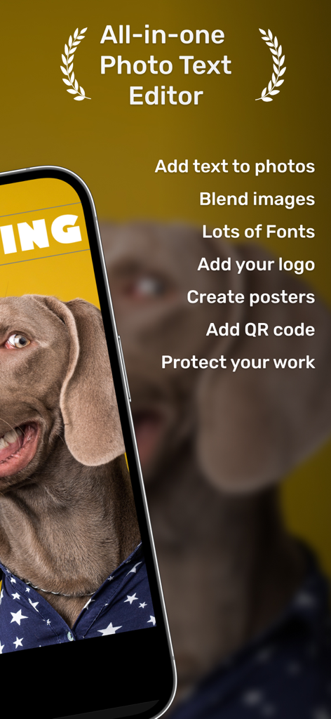 Watermark・Add Text on Photo - Interfaz de la aplicación editor de texto para fotos todo en uno, destacando funciones para marca y protección de contenido.