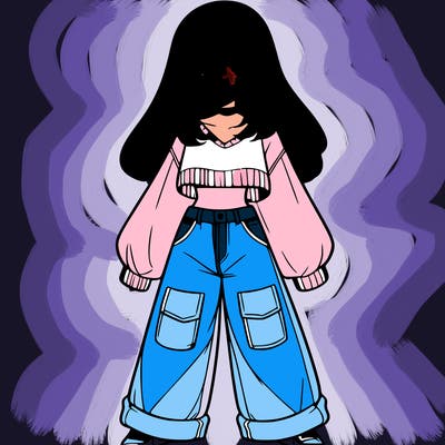 cute girl with straight hair in baggy jeans and a crop top and a sweater