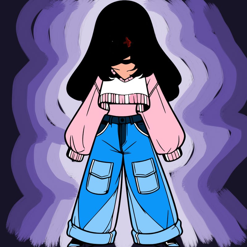 cute girl with straight hair in baggy jeans and a crop top and a sweater