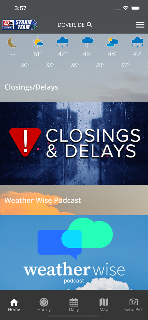 The home screen of the 47abc Weather app featuring the Dover Delaware local forecast and sections for school closings and the Weather Wise podcast