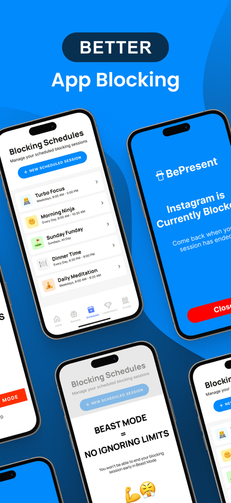 BePresent: Screen Time Control - Telas do aplicativo BePresent mostrando agendamentos de bloqueio de aplicativos e recursos do modo fera.